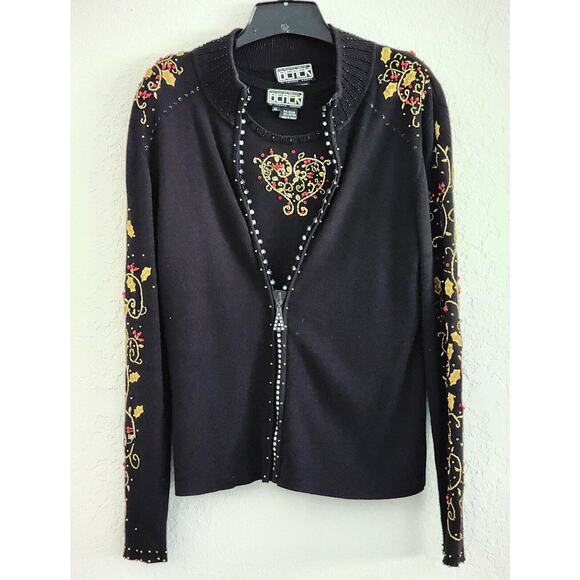 SWEATER JACKET & TANK-BEREK-Rhinestones-Appliques-Black-Gold-2 Piece-Size XL - Picture 1 of 15